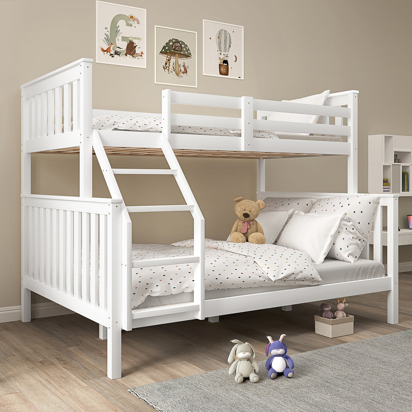 Double and single bunk bed for kids in white wood finish, includes safety rails and ladder, perfect for space-saving in children's rooms.
