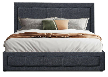 Kids double bed with storage and upholstered headboard in grey fabric