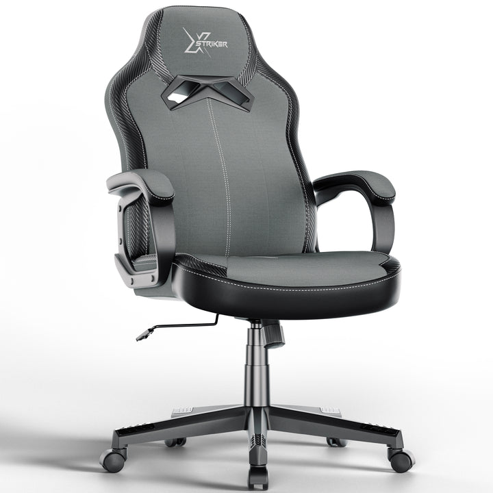 [Black + Grey] Xstriker pc chair in grey fabric with padded armrests and adjustable height, ideal as a small desk chair for home office or study use.