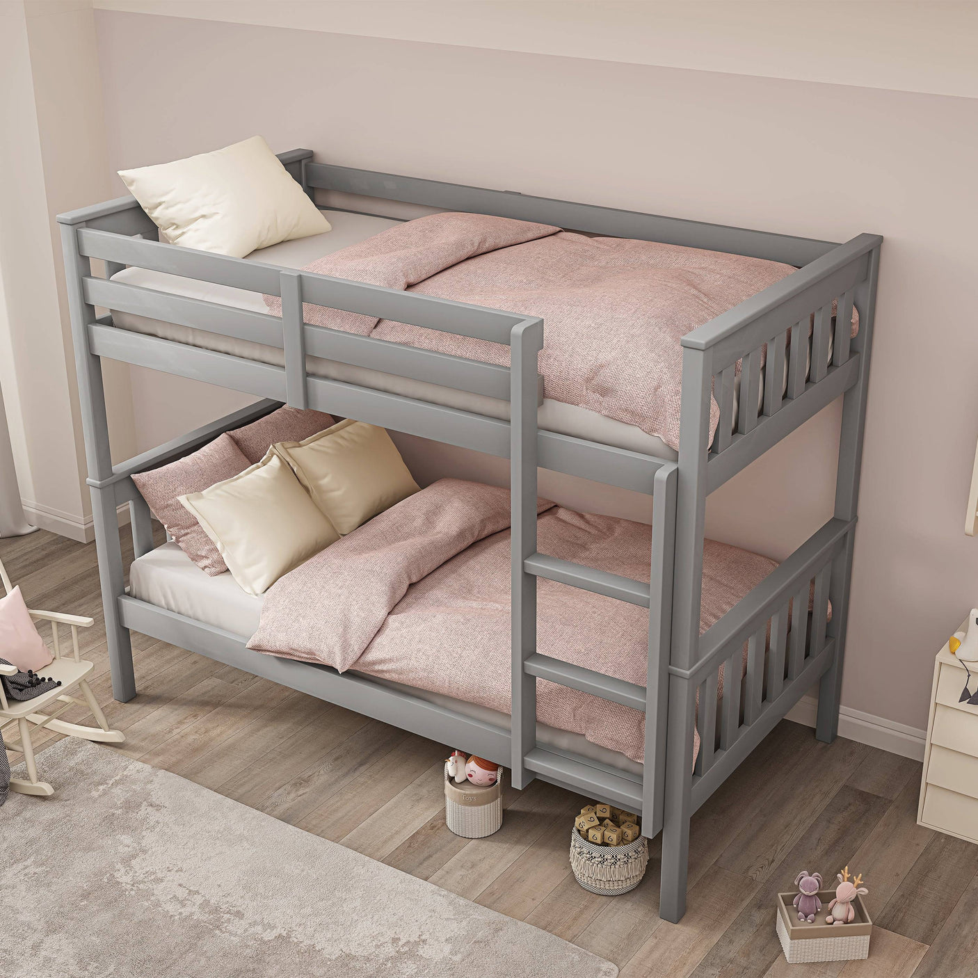 Top-down view of grey bunk bed with pink bedding, highlighting compact design and safety features for children's rooms.