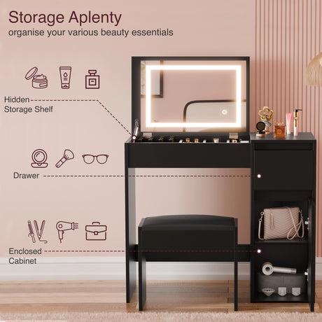 Makeup vanity with mirror, storage shelves, and chair in a room setting.