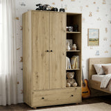 [Oak] Kids Triple Wardrobe with Drawer & Open Shelves - Oak Effect side angle showcasing open compartments.