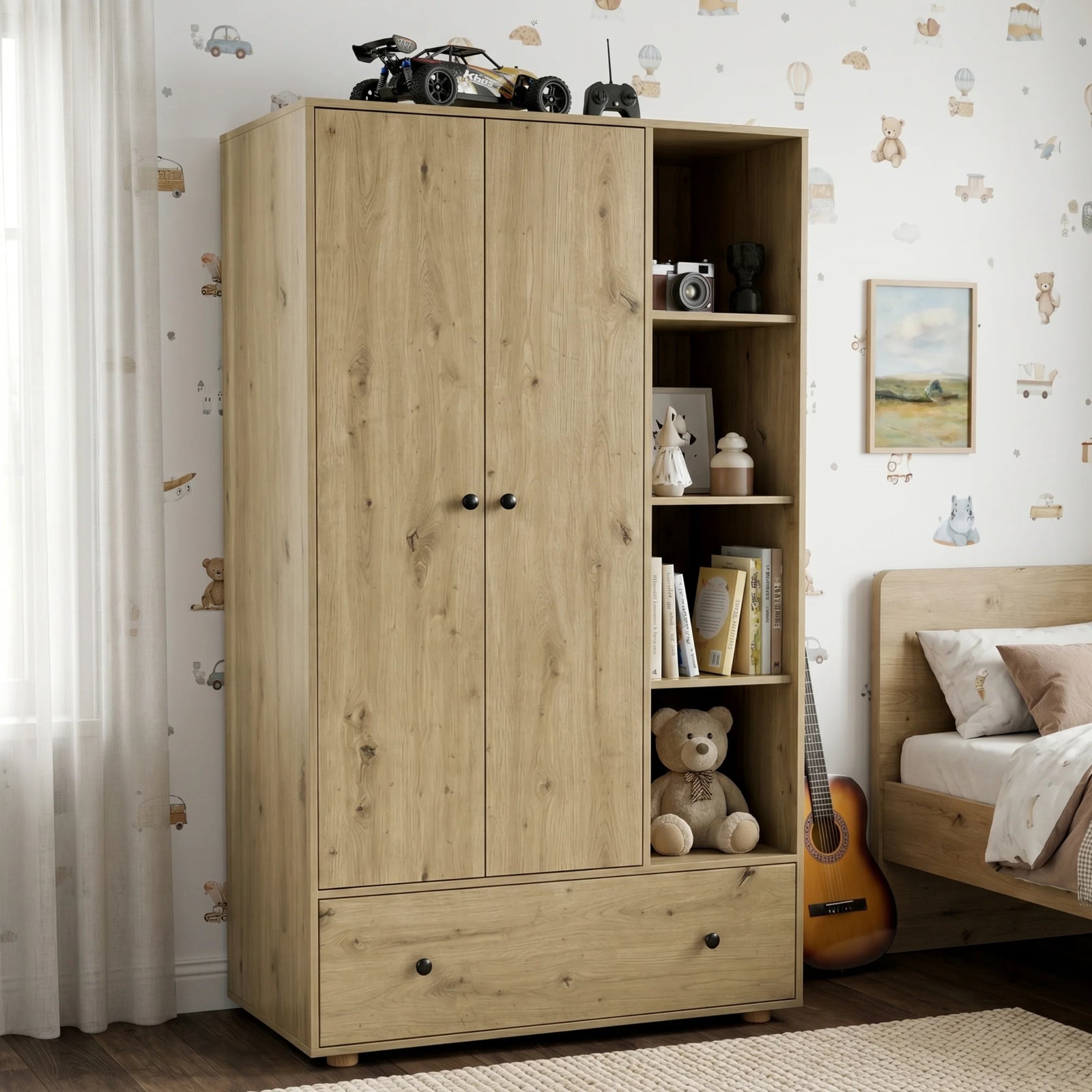 [Oak] Kids Triple Wardrobe with Drawer & Open Shelves - Oak Effect side angle showcasing open compartments.