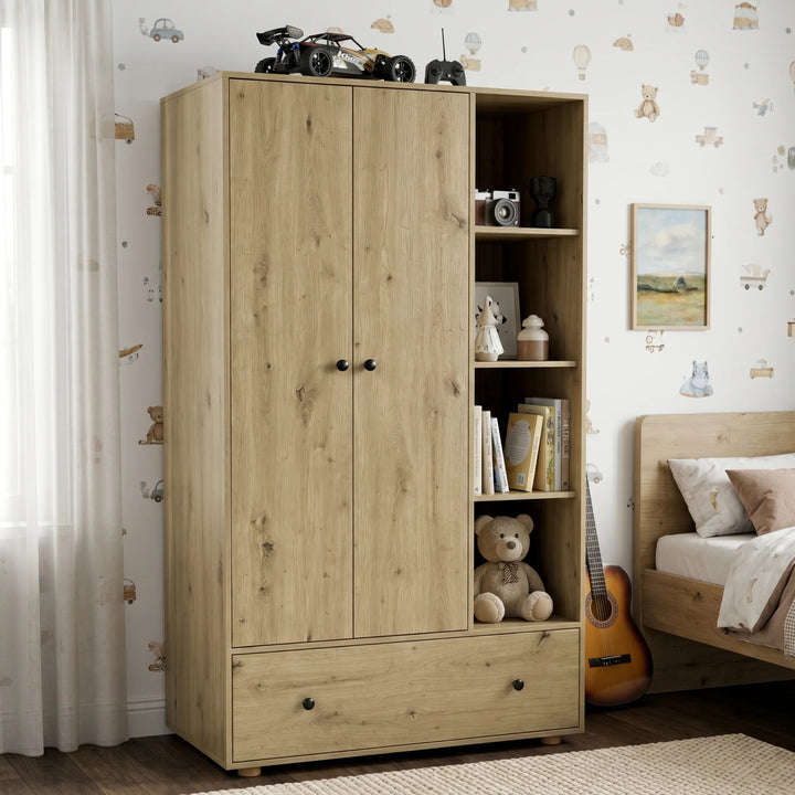 [Oak] Kids Triple Wardrobe with Drawer & Open Shelves - Oak Effect side angle showcasing open compartments.