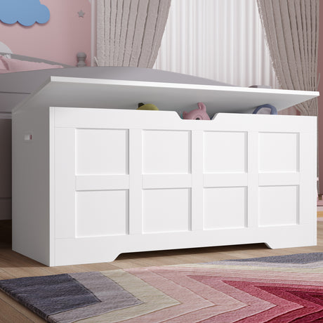 White Shaker style storage chest with lid and safety hinges, ideal for toy or blanket storage in kids' bedroom or playroom decor.