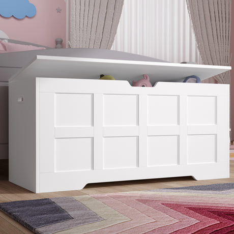 White Shaker style storage chest with lid and safety hinges, ideal for toy or blanket storage in kids' bedroom or playroom decor.
