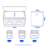 Storage Chest - Wooden Box With Lid For Blankets, Clothes or Toys, 76cm wide with 48cm height and 40cm depth, shown open and closed with bed size comparison.