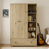 [Oak] Kids Triple Wardrobe with Drawer & Open Shelves - Oak Effect front view filled with toys and books.