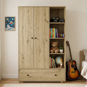 [Oak] Kids Triple Wardrobe with Drawer & Open Shelves - Oak Effect front view filled with toys and books.