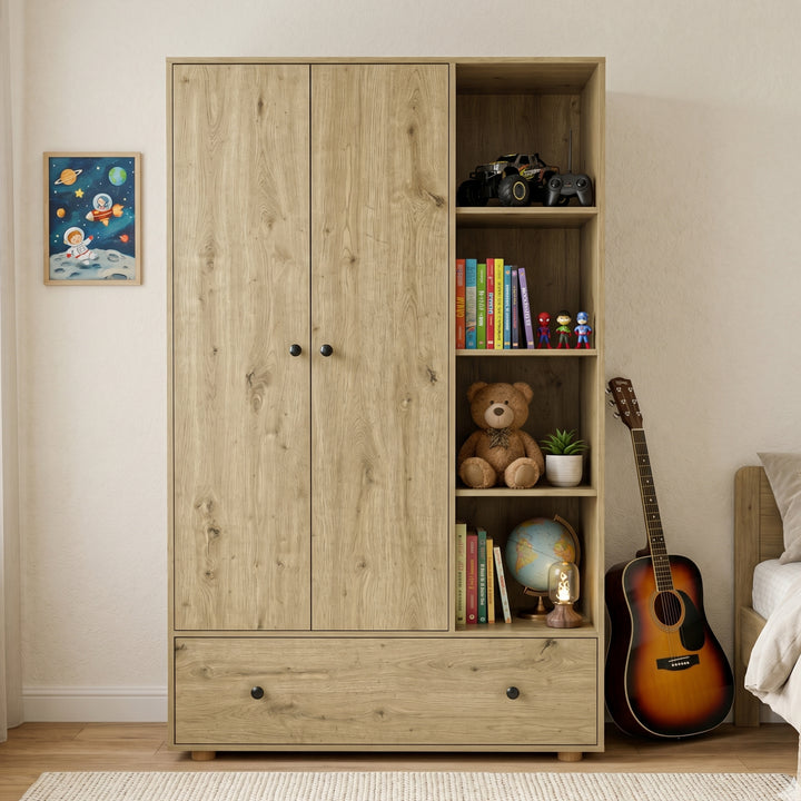 [Oak] Kids Triple Wardrobe with Drawer & Open Shelves - Oak Effect front view filled with toys and books.