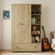 [Oak] Kids Triple Wardrobe with Drawer & Open Shelves - Oak Effect front view filled with toys and books.