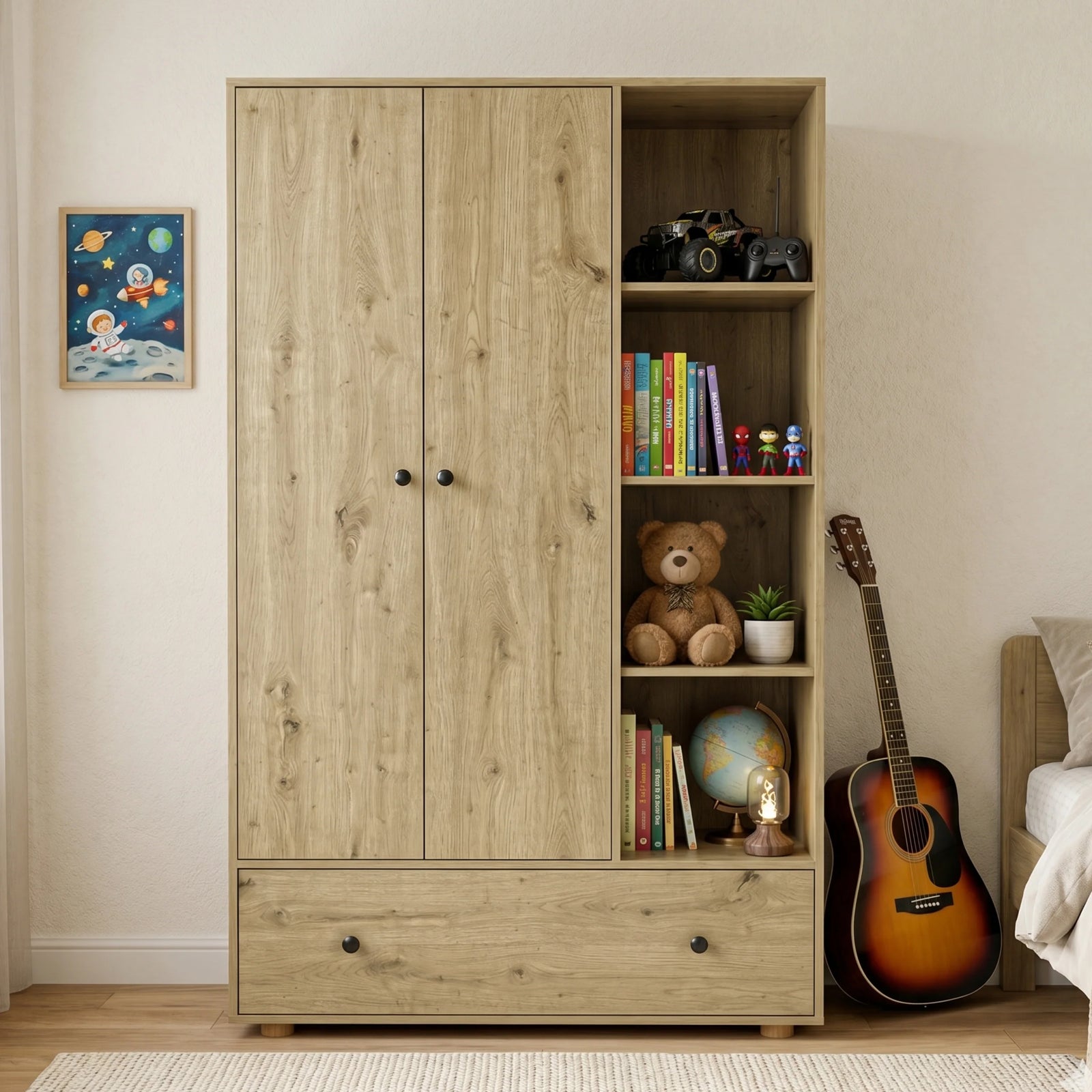 [Oak] Kids Triple Wardrobe with Drawer & Open Shelves - Oak Effect front view filled with toys and books.