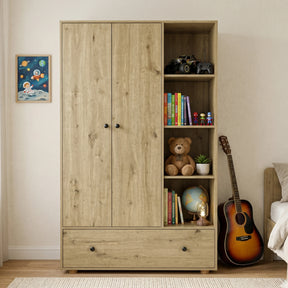 [Oak] Kids Triple Wardrobe with Drawer & Open Shelves - Oak Effect front view filled with toys and books.