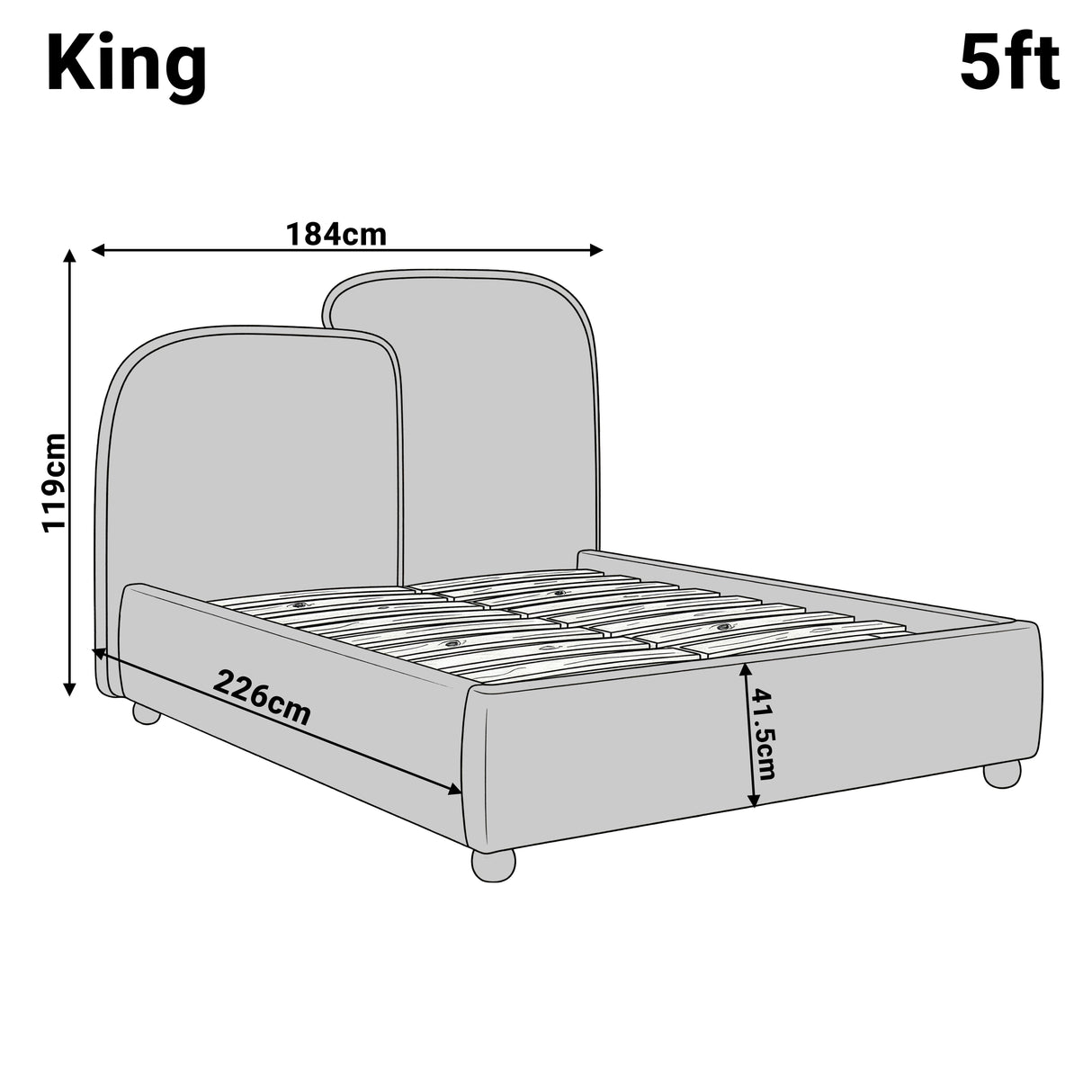 Measurement diagram of a king size bed frame with length 226 cm, width 184 cm, and overall height 119 cm.
