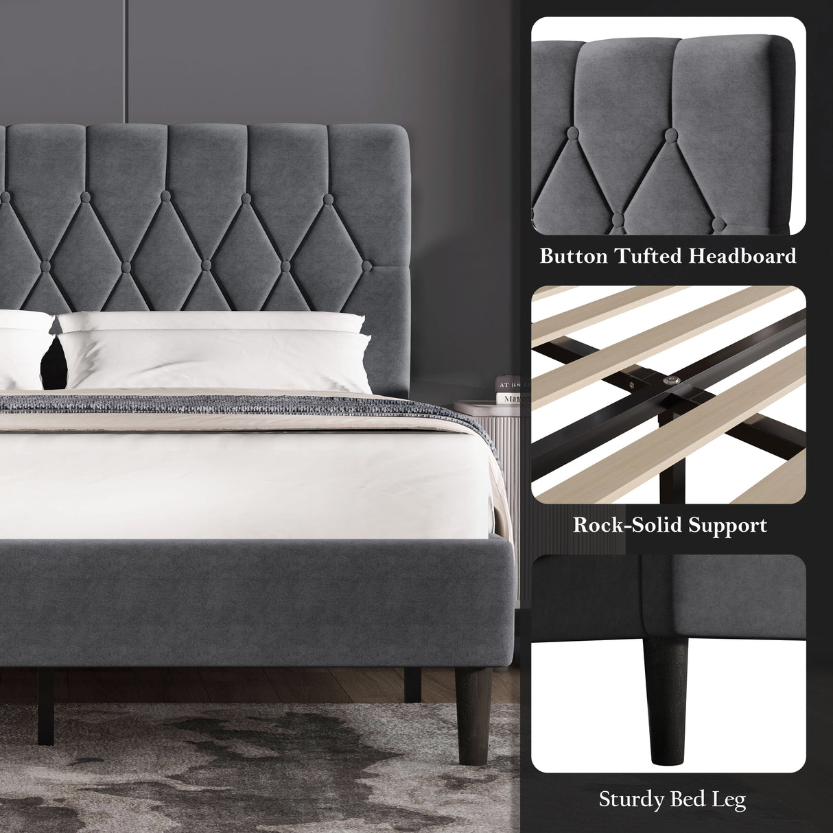 Velvet bed frame double & king size with adjustable button-tufted headboard in grey, featuring sturdy legs and rock-solid slat support.