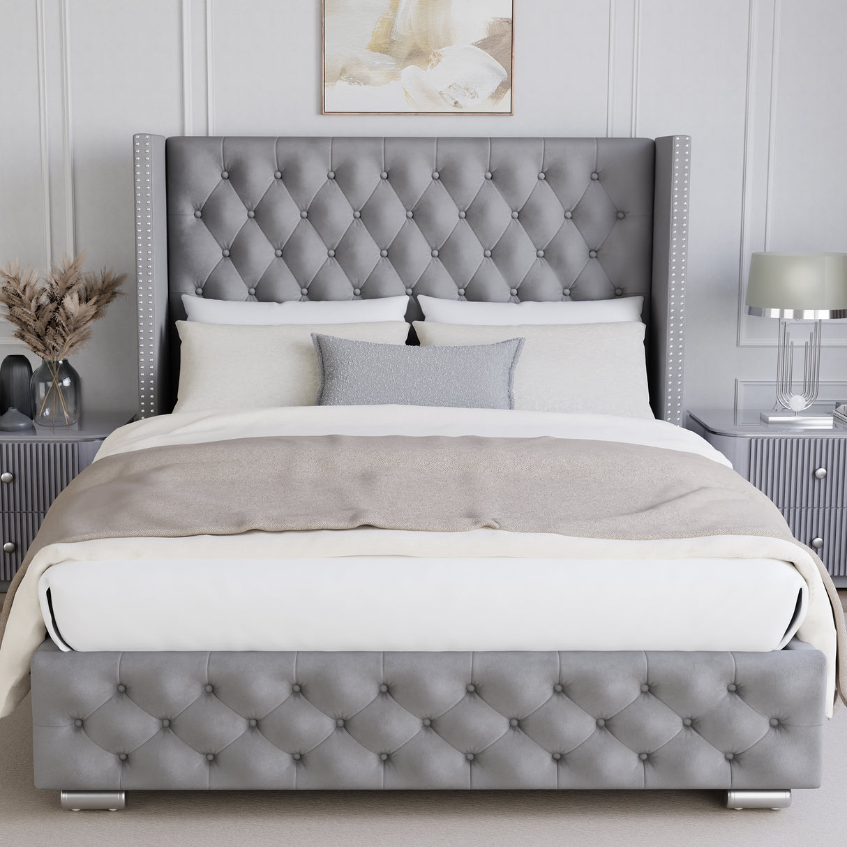 Front view of a grey upholstered king bed frame with storage a tufted wingback headboard.