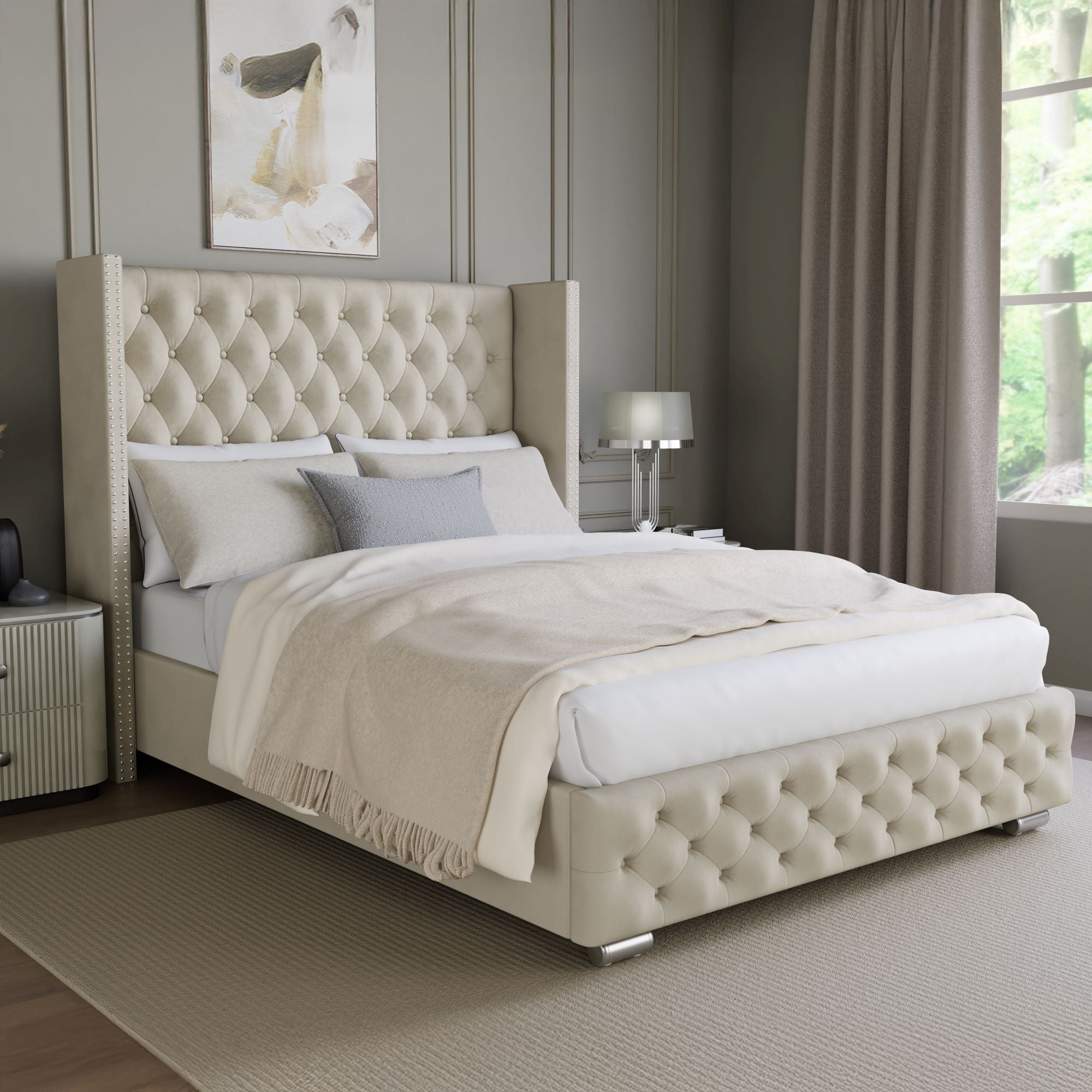 King size bed with storage, featuring a tufted upholstered headboard, studded detailing.