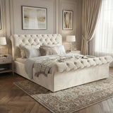 Side view of the king size beige ottoman bed with soft tufted headboard and stylish design