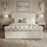 Front view of king size beige ottoman bed, showcasing the elegant tufted headboard and contemporary design