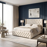 [King | Beige] King Beige Velvet Ottoman Storage Bed with Tufted Winged Headboard.