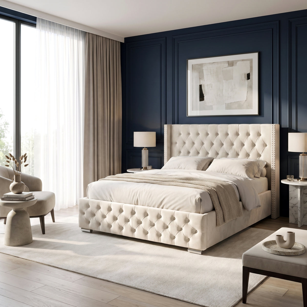 [King | Beige] King Beige Velvet Ottoman Storage Bed with Tufted Winged Headboard.
