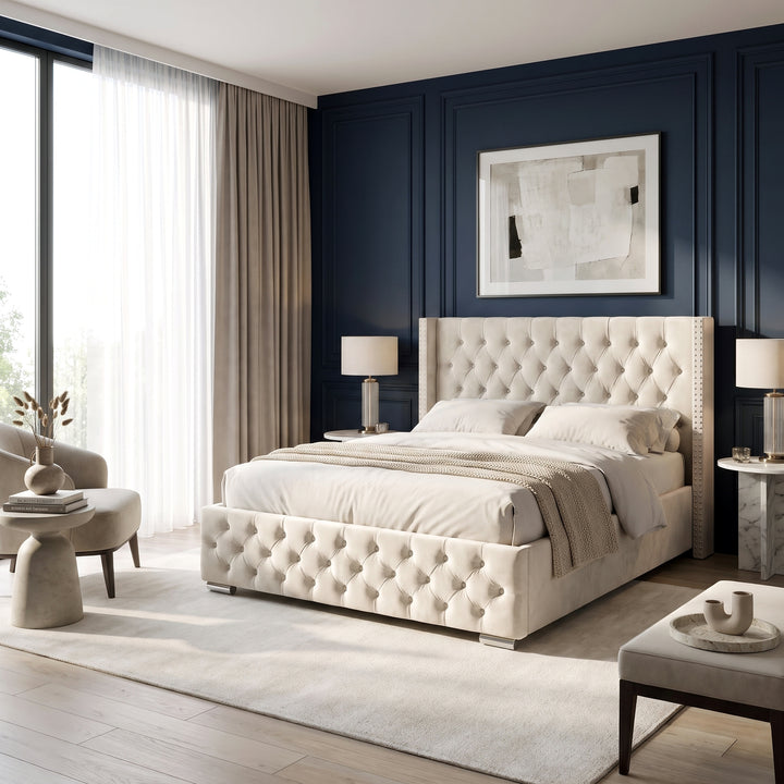[King | Beige] King Beige Velvet Ottoman Storage Bed with Tufted Winged Headboard.
