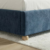 Velvet blue upholstered king bed frame featuring sturdy wooden slats for mattress support