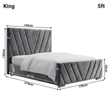 Detailed dimensions of the dark grey velvet ottoman king bed, highlighting height 140 cm, width 165 cm, and length 218 cm