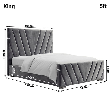 Detailed dimensions of the dark grey velvet ottoman king bed, highlighting height 140 cm, width 165 cm, and length 218 cm