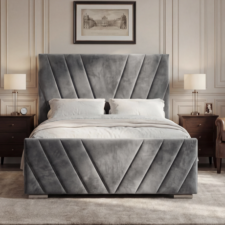 A front view of the dark grey ottoman bed, displaying its structured headboard and sleek fabric finish