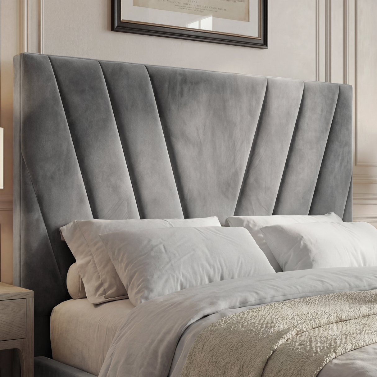 Close-up view of the dark grey ottoman bed’s headboard, highlighting the elegant padded and v-shaped design