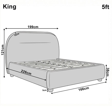 Dimensional diagram of a king grey bed frame showing height 121 cm, width 199 cm, and length 226 cm