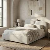 [King | Grey] Styled grey king ottoman bed frame with curved split headboard between nightstands and lamps