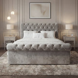 [King | Grey] Front view of the king size grey ottoman bed with a padded tufted headboard and attractive storage feature