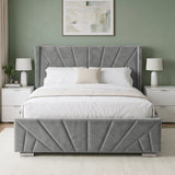 [King | Grey] modern velvet upholstered bed with a geometric tufted headboard and matching footboard, styled in a contemporary bedroom
