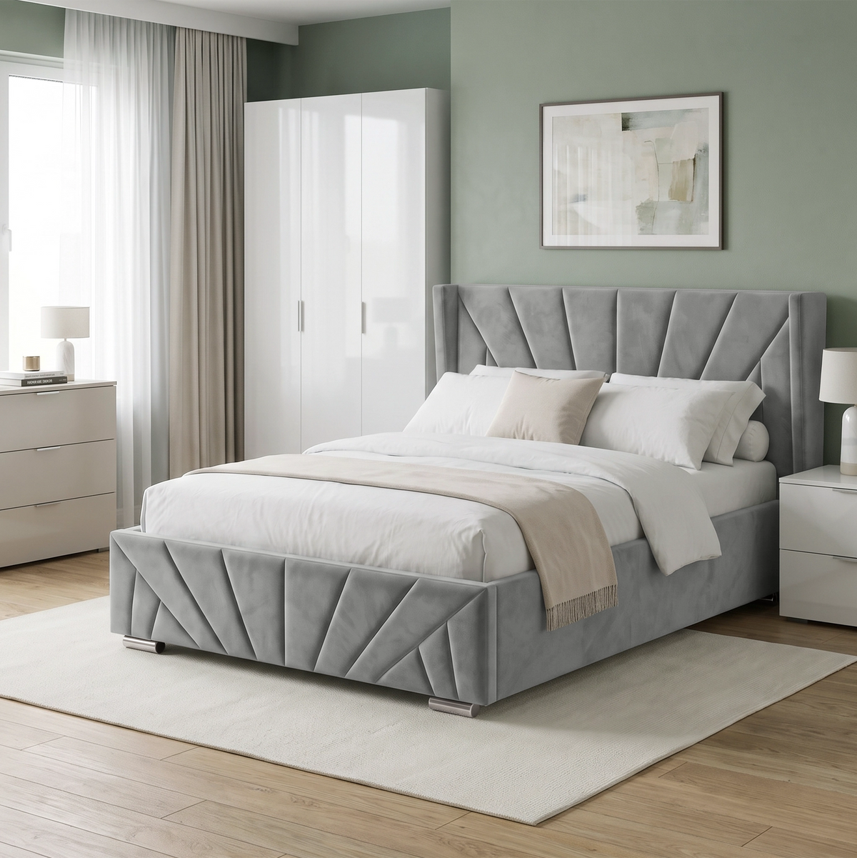 [King | Grey] upholstered bed with a tufted headboard and matching footboard, shown in a styled bedroom