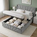 [King | Grey] upholstered storage bed with a raised platform and open base, shown in a styled bedroom with white bedding