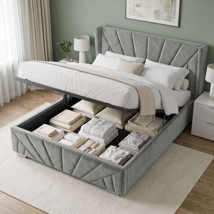 [King | Grey] upholstered storage bed with a raised platform and open base, shown in a styled bedroom with white bedding