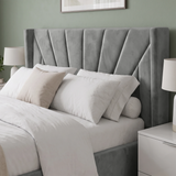 [King | Grey] velvet wingback bed frame with a tall, pleated headboard, styled with white bedding, white pillows, and a textured gray throw blanket in a bedroom setting.