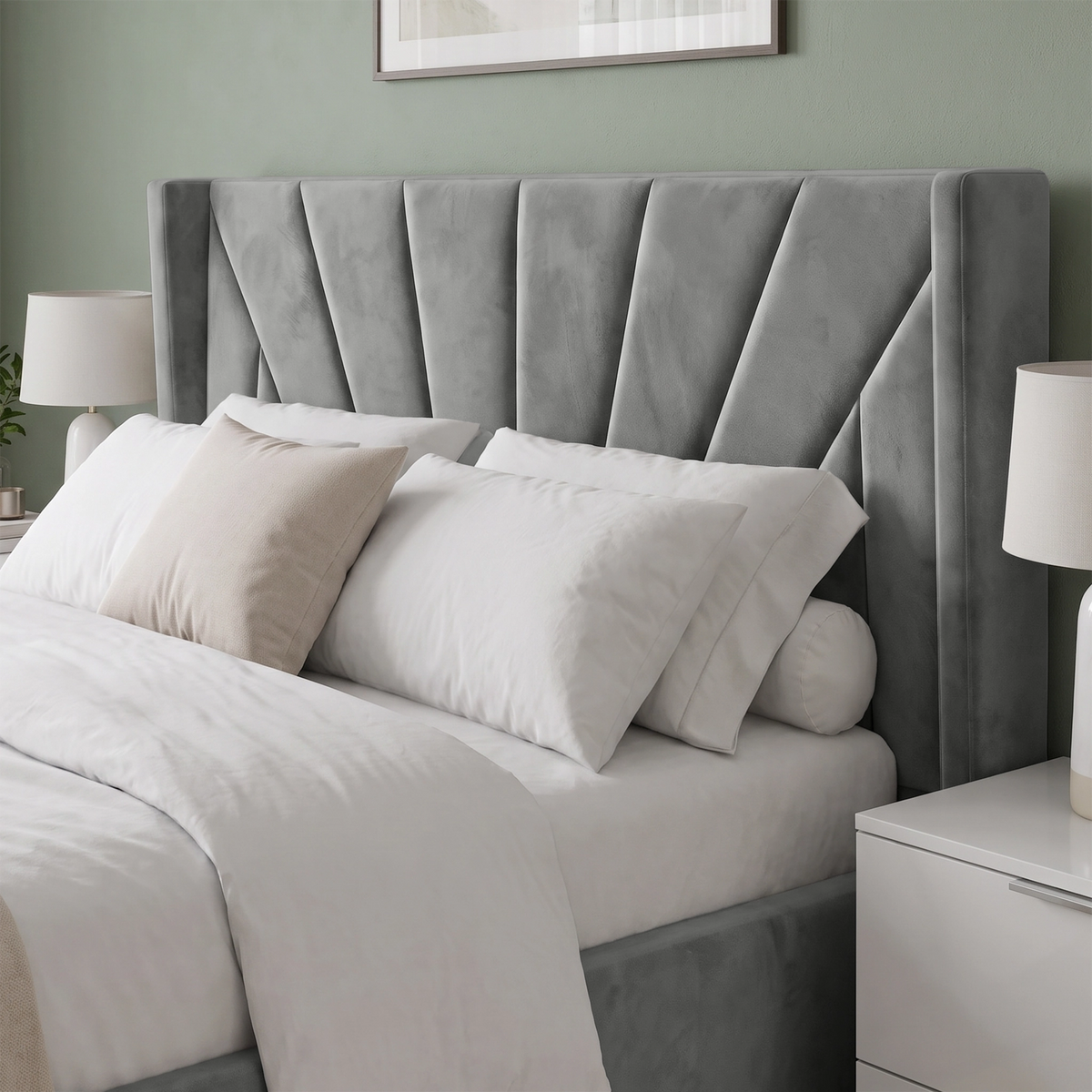 [King | Grey] velvet wingback bed frame with a tall, pleated headboard, styled with white bedding, white pillows, and a textured gray throw blanket in a bedroom setting.