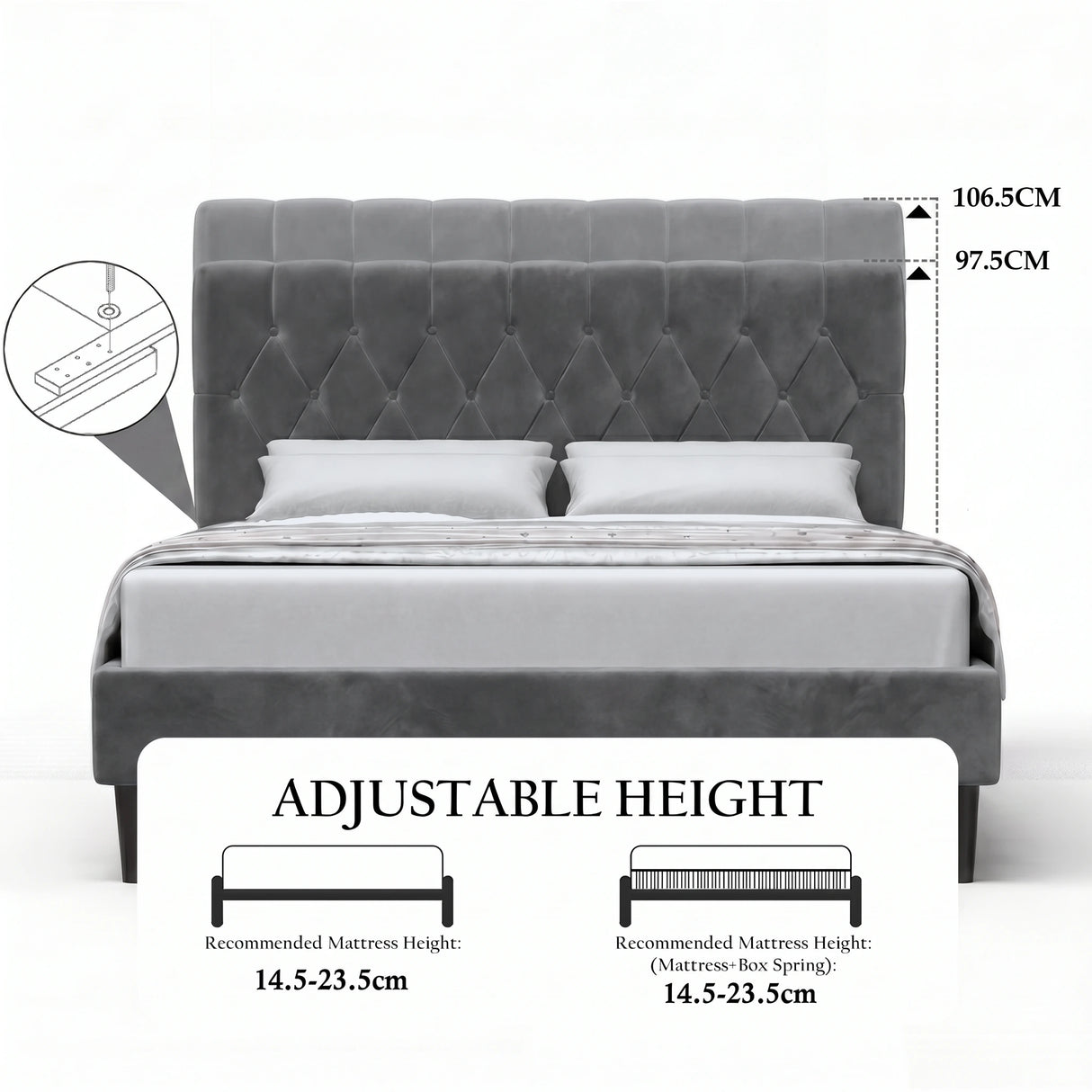 [King | Grey] Velvet Bed Frame adjustable headboard height positions at 97.5cm and 106.5cm shown