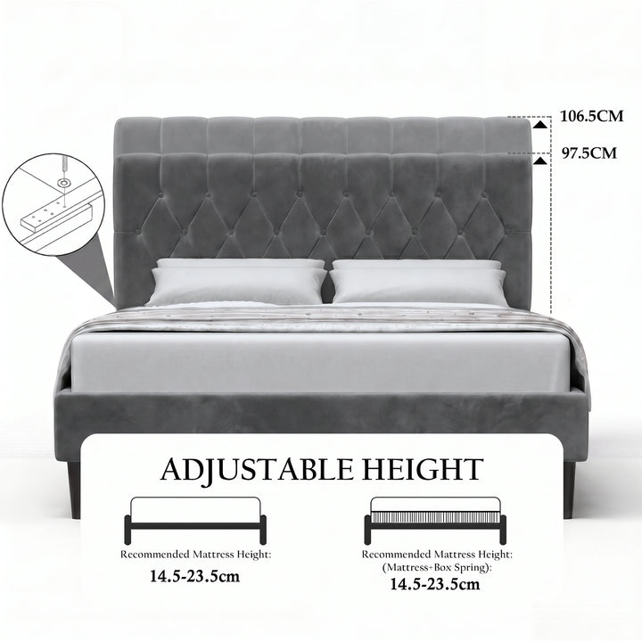 [King | Grey] Velvet Bed Frame adjustable headboard height positions at 97.5cm and 106.5cm shown