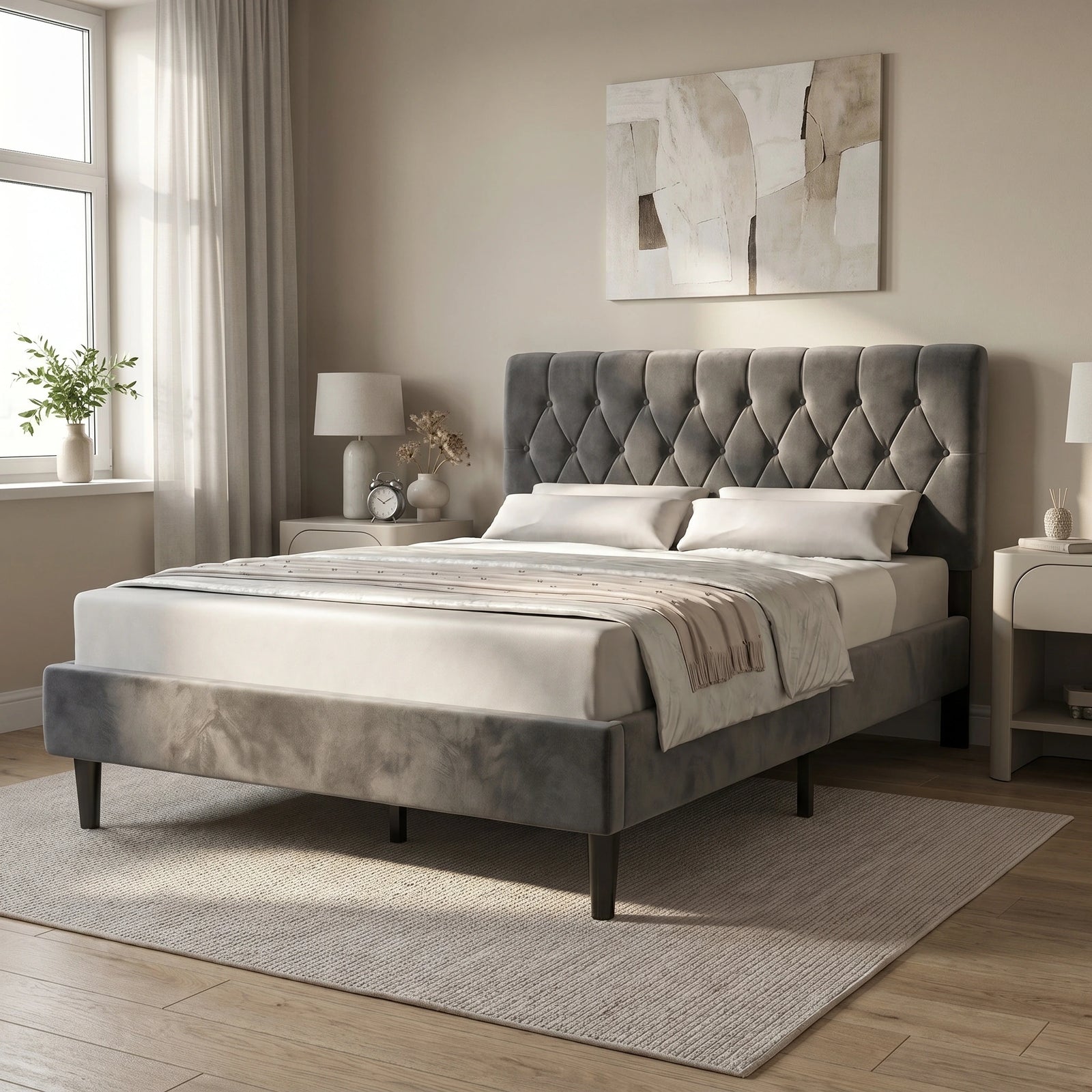 [King | Grey] Velvet Bed Frame angled lifestyle view with button-tufted headboard in neutral bedroom
