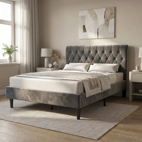 [King | Grey] Velvet Bed Frame angled lifestyle view with button-tufted headboard in neutral bedroom