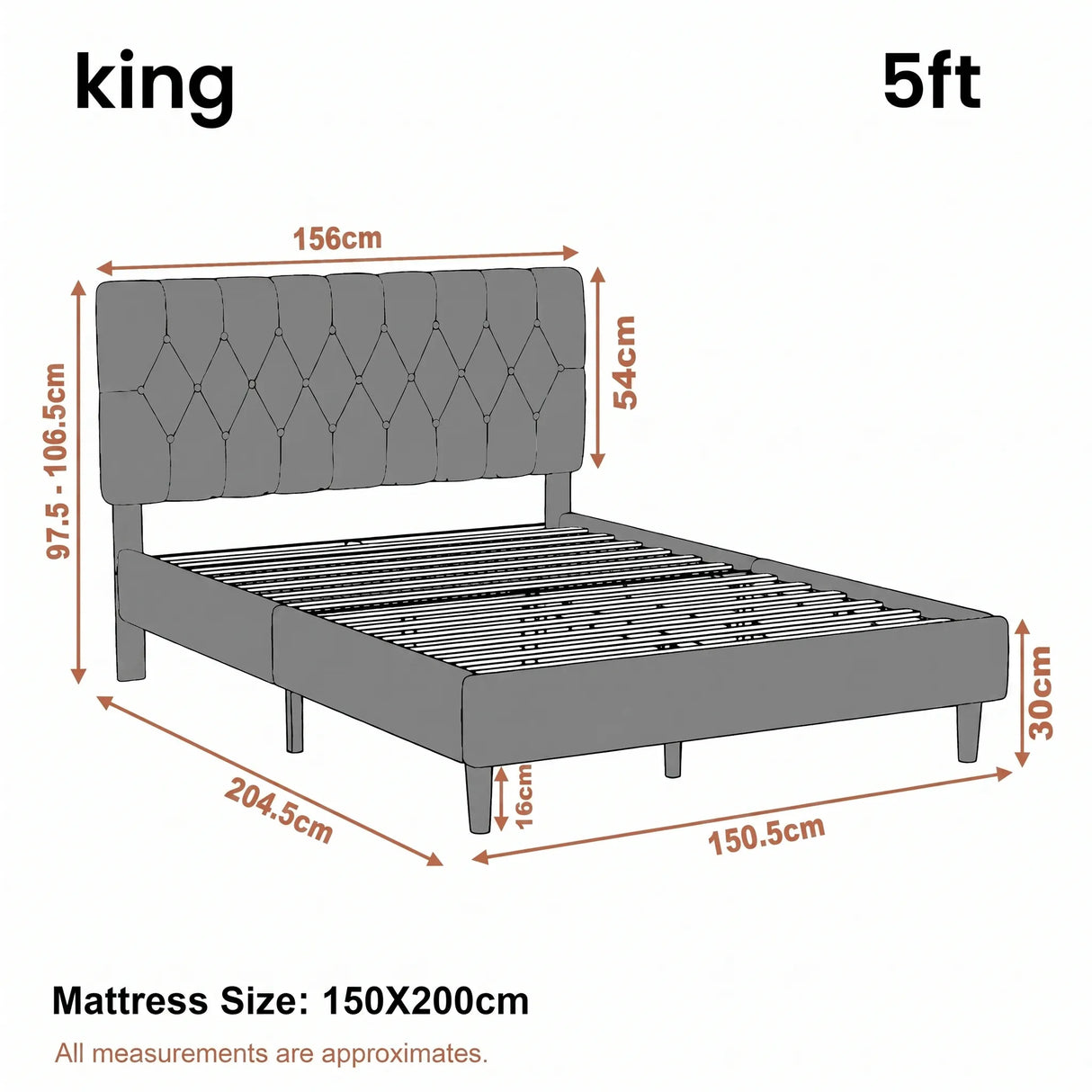 [King | Grey] Velvet Bed Frame King 5ft dimensions diagram showing 204.5cm length and 150cm width