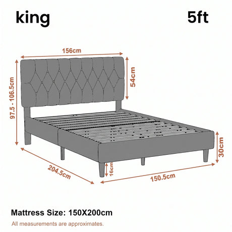 [King | Grey] Velvet Bed Frame King 5ft dimensions diagram showing 204.5cm length and 150cm width