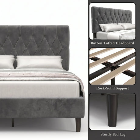 [King | Grey] Velvet Bed Frame feature panel showing tufted headboard, wooden slats, and bed leg