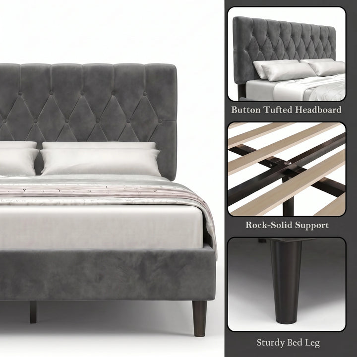 [King | Grey] Velvet Bed Frame feature panel showing tufted headboard, wooden slats, and bed leg