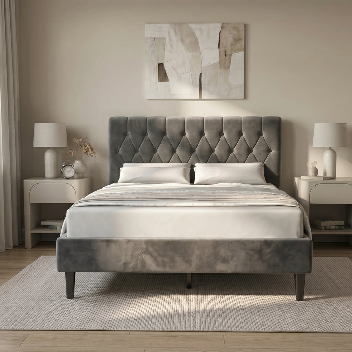 [King | Grey] Velvet Bed Frame front lifestyle view with full diamond-tufted headboard and frame
