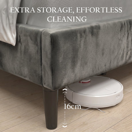 [King | Grey] Velvet Bed Frame 16cm under-bed clearance with robot vacuum for effortless cleaning